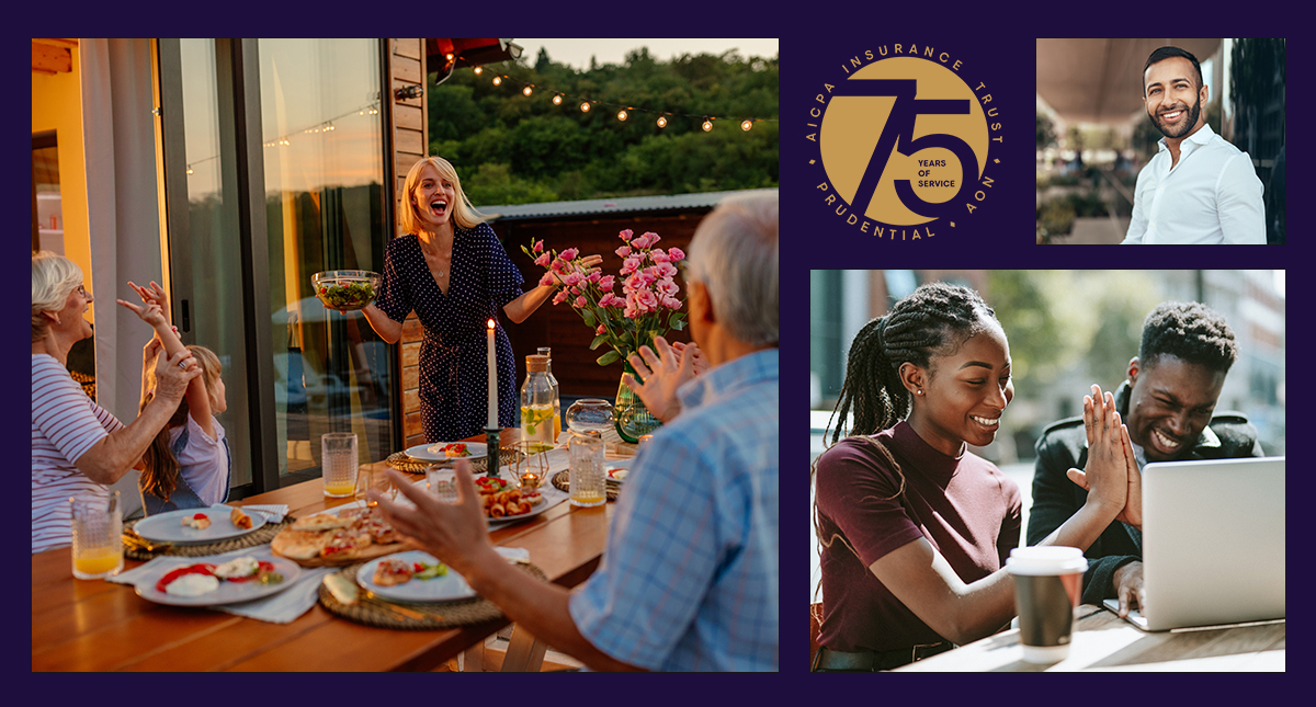 75th Anniversary logo, family eating outside, couple high-fiving at desk with laptop.