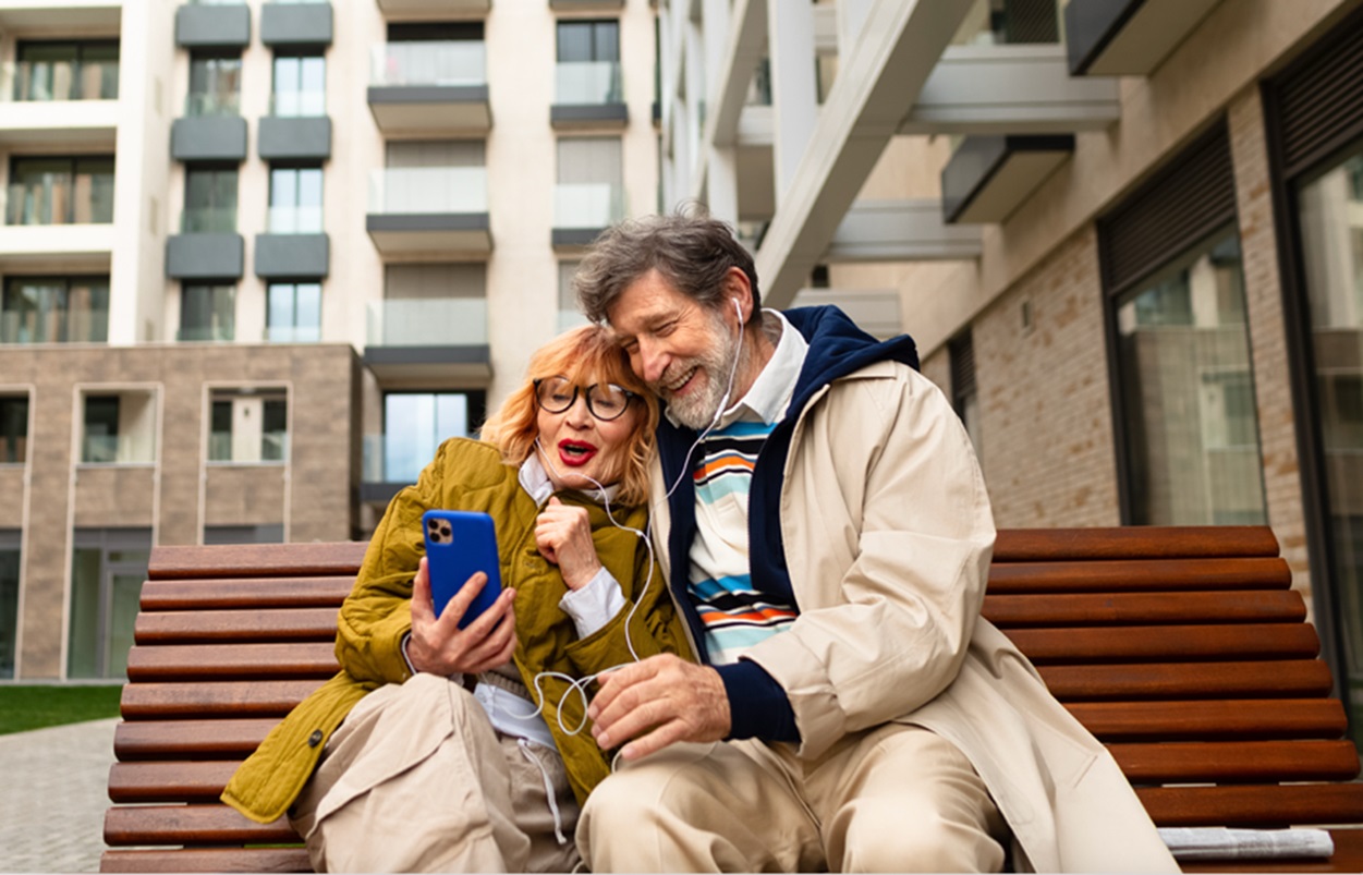 Couple looking happy.