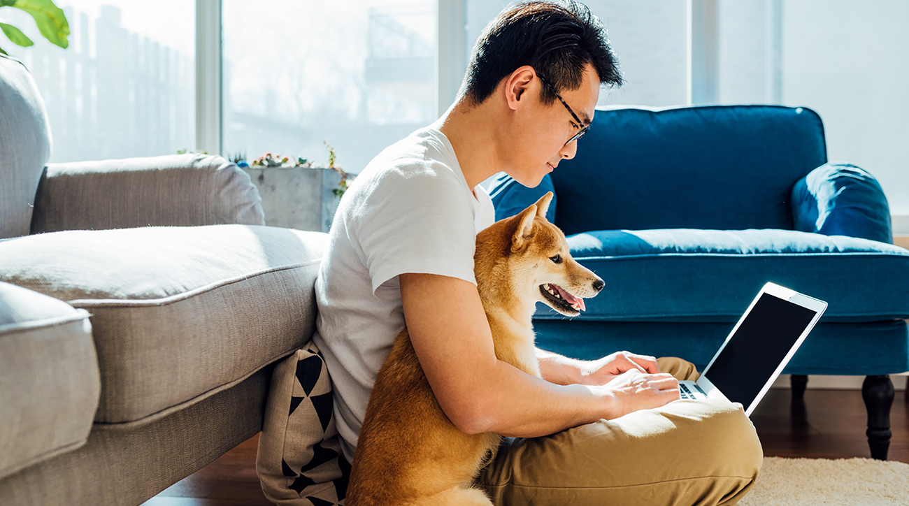 Man looking at the computer with his dog
